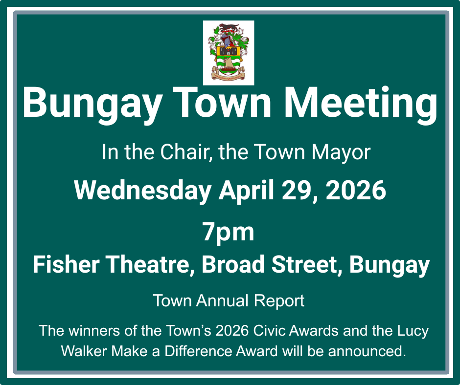 Announcement of the 2026 Bungay Town Meeting at the Fisher Theatre on April 29, 2026